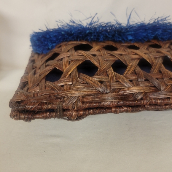 Anthropology Vincent Pradier Rattan Blue Fringe Wicker Clutch Woven Wood Straw - Picture 4 of 9